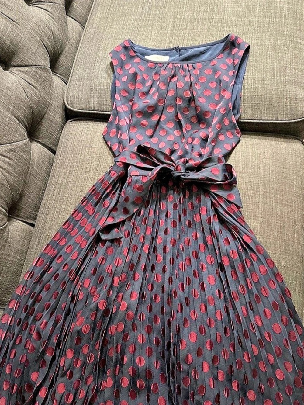 HOBBS Polka Dot Midi Dress in Black Navy & Red Size 8 Like New